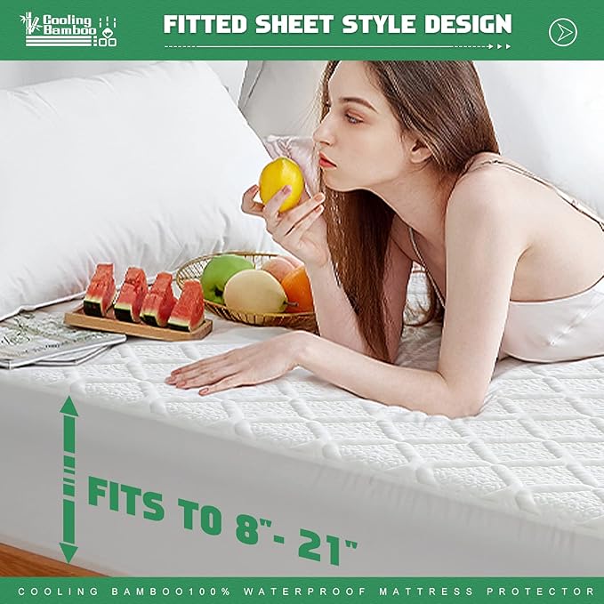 UNILIBRA King Size Waterproof Mattress Protector, 3D Air Rayon Made from Bamboo Cooling Mattress Cover, Breathable Deep Pocket Mattress Pad Fits to 8''-21'' White