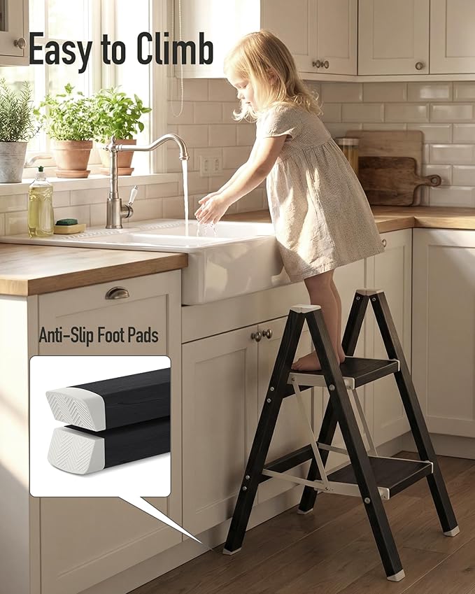 Mayi Plus 2 Step Ladder,Aluminum Folding Step Stool for Adults,Step Ladder with Wide Anti-Slip Pedal,330 lbs Capacity for Home,Kitchen,Library,Office(Ebony Woodgrain)