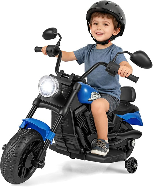 HONEY JOY Toddler Motorcycle, 6V Battery Powered Electric Motorcycle for Kids, Detachable Training Wheels, Music, Foot Pedal, Headlights, Forward/Backward, 3-Wheel Ride On Toy for Boys Girls (Blue)