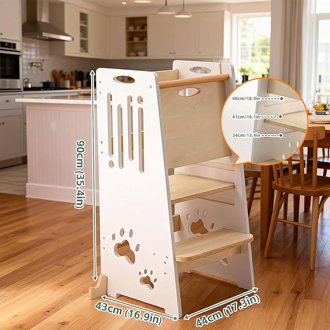 Toddler Tower,Height-Adjustable Step Stool with Sliding Safety Door,Easy to Adjust Height,Suitable for Kids from 18 Months to 5 Years Old,Anti-tilt Kitchen Step Stool with Safety Feet-White