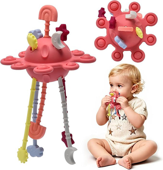 Silicone Baby Sensory Montessori Toys & Pull String Teething Toys for 6-12-18 Months, Toddler Birthday Gift Car Seat Airplane Travel Toy for 1 2 Year Old Boy Girl Infant 8 9 10 Months Old (Red)
