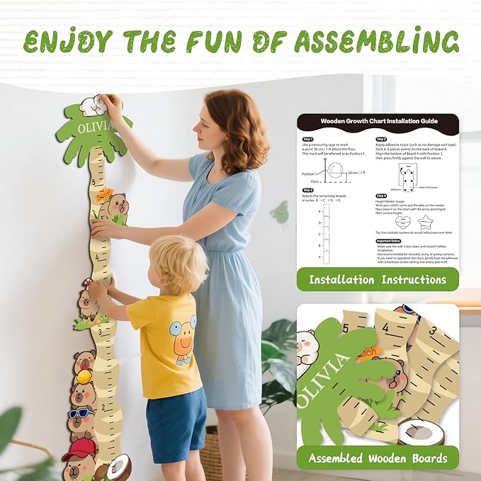 Woodemon Personalized Name Growth Chart for Wall, Cute Capybara Wood Height Chart for Kids, Boy Girls Height Measurement Growth Measuring Ruler, Toddler Children Playroom Decor