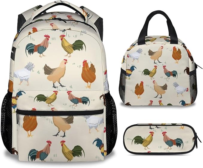 COOPASIA Chicken Backpack with Lunch Box and Pencil Case, 16 Inch Chicken Theme Bookbag with Adjustable Straps, Durable, Lightweight, Large Capacity, School Backpack for Girls Women