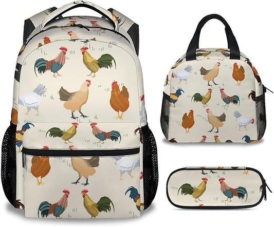 COOPASIA Chicken Backpack with Lunch Box and Pencil Case, 16 Inch Chicken Theme Bookbag with Adjustable Straps, Durable, Lightweight, Large Capacity, School Backpack for Girls Women