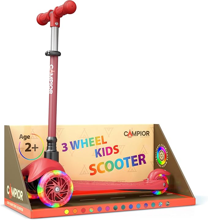 Red Mini 3 Wheel Scooter for Kids – Lean-to-Steer with LED Light-Up Wheels, Adjustable Handlebar, Wide Anti-Slip Deck, Smooth PU Wheels, Rear Foot Brake – Toddler Scooter for Ages 2+