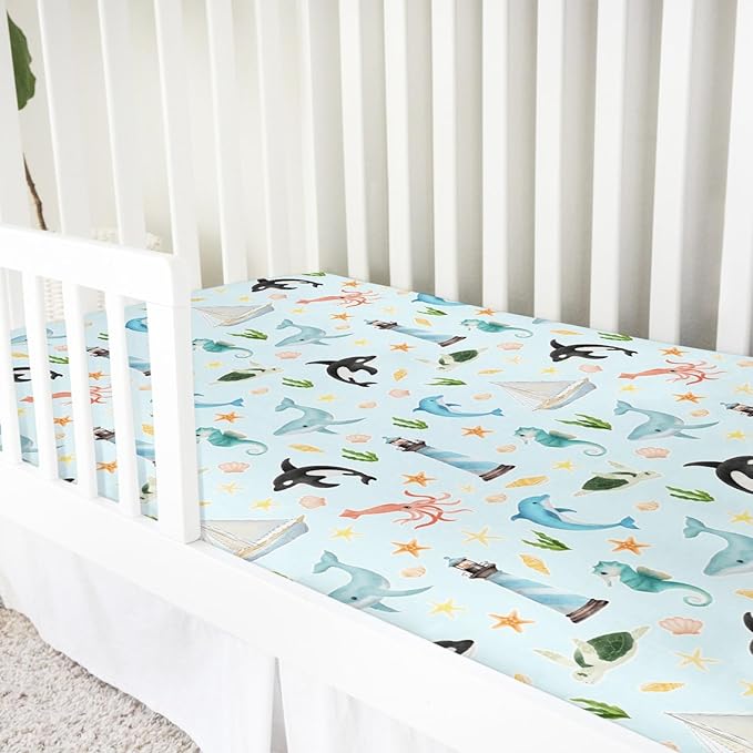 Colorful Sea Animals Baby Crib Sheet 52''x28'' Ocean Whale Dolphin Turtle Shells Coral Lighthouse Ship Stretchy Fitted Crib Mattress Cover for Boy Girl Baby Sheets for Standard Crib Toddler Mattress