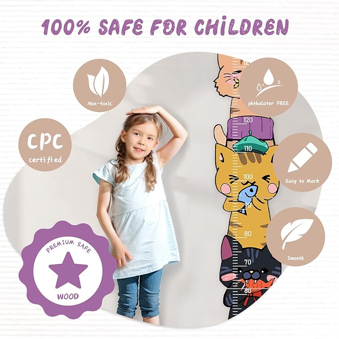 Woodemon Personalized Name Growth Chart for Wall, Kitten Eating Fish Wooden Height Chart, Thick Height Measuring Board for Boys and Girls, Measurement Ruler for Kids, Easy to Install