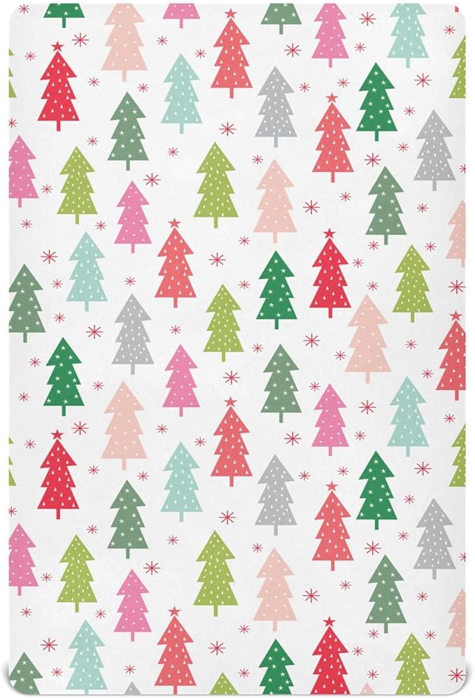 Colorful Christmas Tree Crib Sheets Soft Breathable Fitted Baby Playard Sheets Mattress Cover for Girl Boys, 39" x 27" x 5"