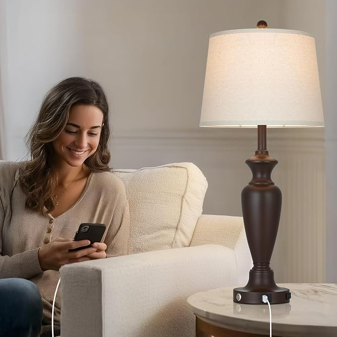 luxeflow 30" Tall Brown Table Lamps Set of 2 for Living Room, Touch Control Bedside Lamps for Bedroom Nightstand, 3-Way Dimmable Farmhouse Lamps with Charging Ports (2 LED Bulbs Included)