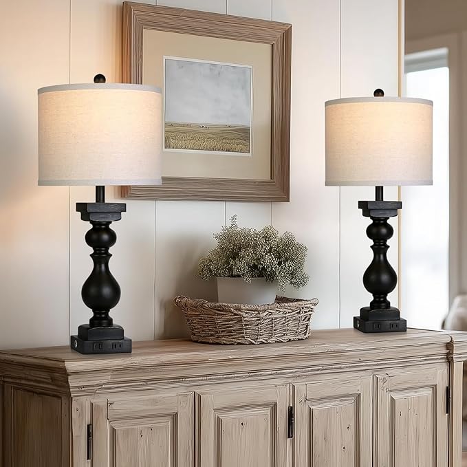 MOUVOVO 28" Tall Farmhouse Table Lamps Set of 2 with USB C+A Ports and AC Outlet, 3 Way Touch Tall Rustic Bedside Lamps for Living Room, Black Vintage Lamps for Bedroom