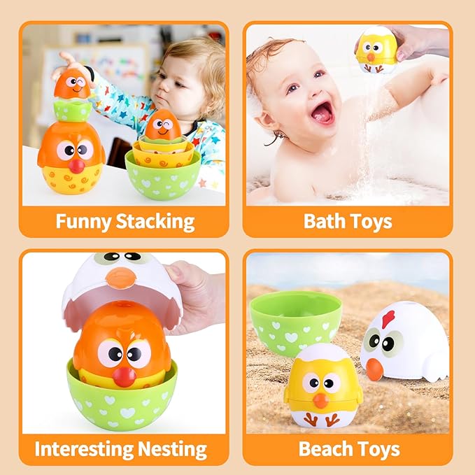 MOONTOY Chicken Toddler Easter Eggs Toys, Nesting Dolls Stacking Toys for Toddlers 1-3 Matching Shape Sorters Sensory Preschool Learning Baby Easter Basket Stuffers Gifts 6-12 12-18 Months, 1 Year Old