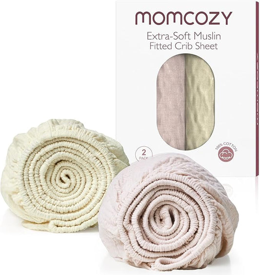 Momcozy Muslin Mini Crib Sheets Fitted - 38''x26'' Pack and Play Sheets for Pack N Play Mattress, 2 Pack Soft & Breathable Natural Cotton Non Slip Bed Cover for Boys, Girls, Beige Blush