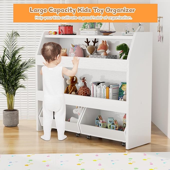 COZPAW Toy Storage Organizer, 3 Tier Montessori Shelf with Movable Bins, Toy Organizers Book Shelf for Kids Room, Playroom, Nursery (White)