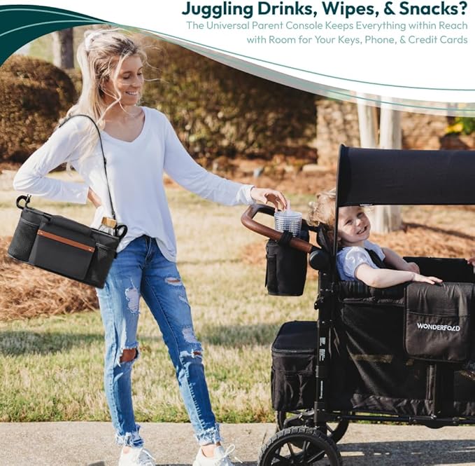WONDERFOLD Universal Parent Console Stroller Organizer with Insulated Cup Holders, Hook & Loop Closure Handle Attachment, 2 Storage Pockets, Removable Shoulder Strap for Easy Transport