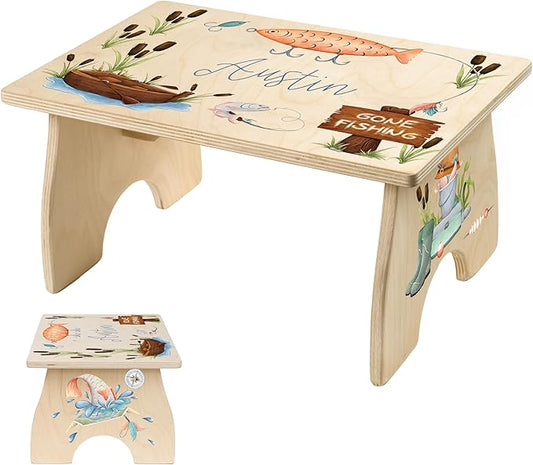 Fishing Step Stool for Toddlers- Personalized Wood Kids Step Stool with Name for Kitchen Sink, Bathroom, Potty Training, Toilet, Kitchen Sink- Sturdy and Safe- Made in USA by BloomOwl (Gone Fishing)