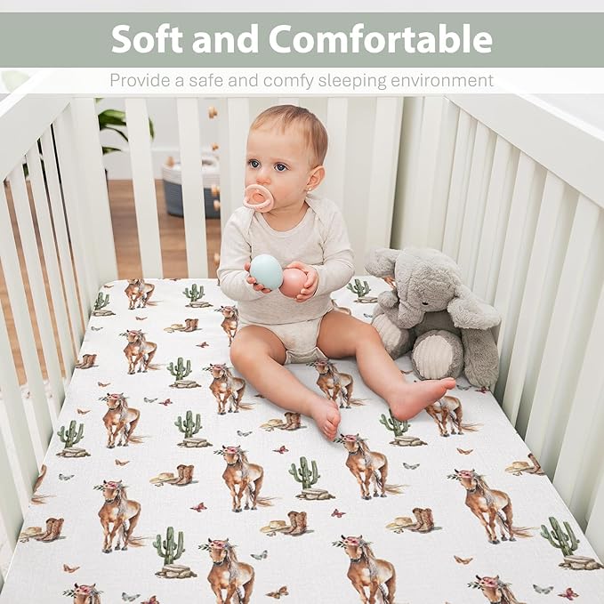 Cactus Horse Cowboy Baby Crib Sheets for Boy Girl 52x28Inch Cowboy Boots Hat Butterflies Soft Snug Fitted Crib Mattress Covers Western Horses Baby Sheet for Standard Crib & Toddler Bed Mattress