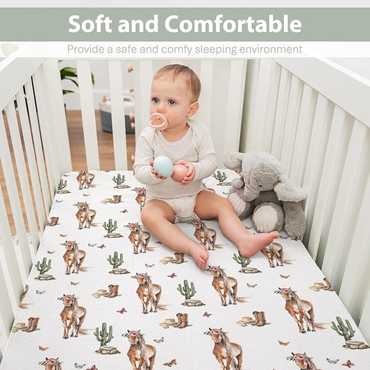 Cactus Horse Cowboy Baby Crib Sheets for Boy Girl 52x28Inch Cowboy Boots Hat Butterflies Soft Snug Fitted Crib Mattress Covers Western Horses Baby Sheet for Standard Crib & Toddler Bed Mattress