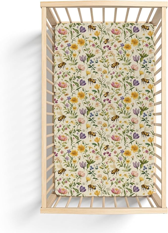 Vintage Bees Wildflowers Baby Crib Sheets for Boy Girl 52"x28" Retro Boho Flowers Soft Stretchy Fitted Crib Mattress Cover Spring Summer Baby Sheet for Standard Crib and Toddler Mattress