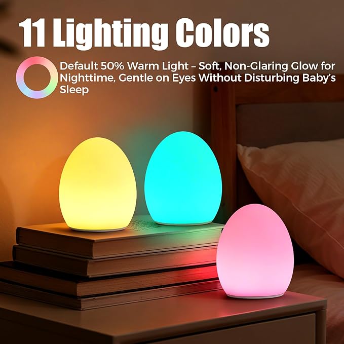 Harmobub Baby Night Light, Silicone Egg Light for Kids, Portable Touch Night Lamp with 11 Colors Changing, Nursery Night Light for Breastfeeding, BPA Free, Eye Caring, Soft