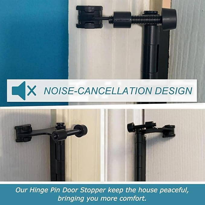 6 Pack Hinge Pin Black Door Stopper, Adjustable Heavy Duty Hinge Pin Door Stop with Black Rubber Bumper Tips