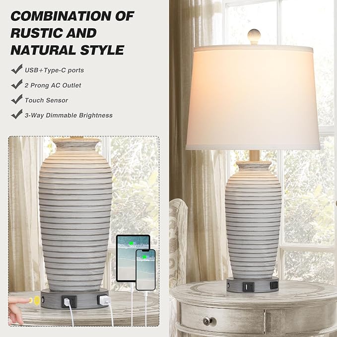 CINSARY 25" Farmhouse Jar Table Lamps Set of 2, 3 Way Touch Control Rustic Bedside Lamps with USB A+C Ports & AC Outlet, Pot Nightstand Lamps for Bedroom Living Room (LED Bulbs Included)
