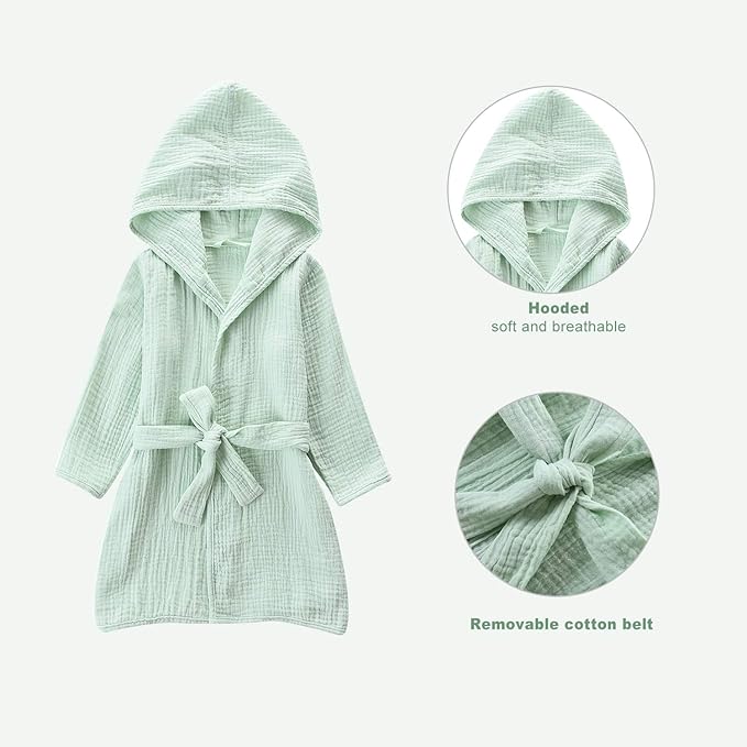 Organic Cotton Toddler Bathrobe, Soft and Breathable Baby Robe for Kid, Boy& Girl Hooded Robe Muslin