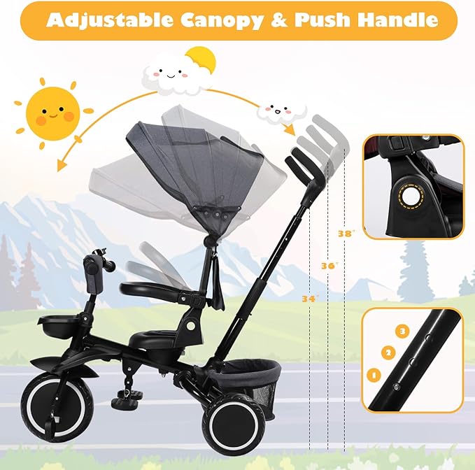 Folding Kids Tricycle, 8 in 1 Baby Trike W/Removable & Adjustable Canopy, Parent Handle, 5-Piont Safety Harness, Toddler Bike Stroller for Kids 1-6 Years, EVA Wheels, Storage Basket, Grey