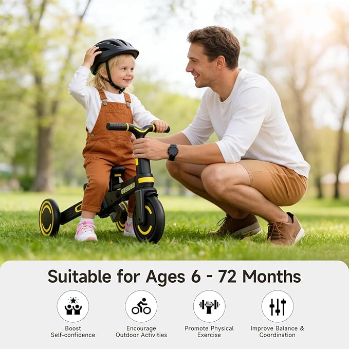 WinHope 9-in-1 Push Tricycle for Toddlers 1-3 Years | Convertible Kids Trike with Adjustable Parent Handle & Safety Harness, Lightweight Foldable Design + Storage Basket for Boys & Girls (Black)