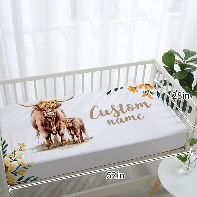 Personalized Baby Crib Bedding Set: 4 Piece Custom Yellow Highland Cattle Crib Bed Set with Name, Nursery Bedding Set for Baby Girls, Newborn Boys Crib Sets, Crib Bedding Custom Gift, Crib Sheet