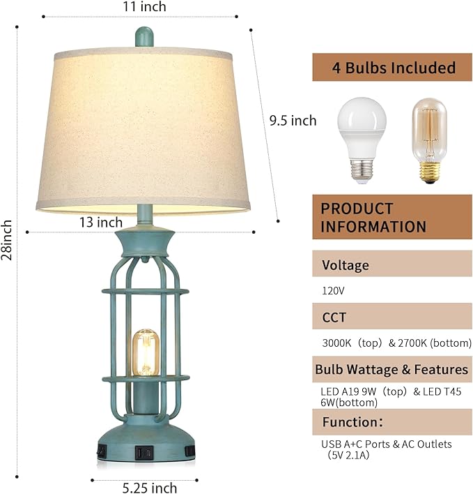 Farmhouse Table lamps for Living Room, 28" Tall Vintage Industrial Table Lamp with USB C+A Ports & Outlet, Rustic Bedside Lamps with 2 Nightlight & Linen Fabric Shade for Nightstand Bedrooms Desk Blue