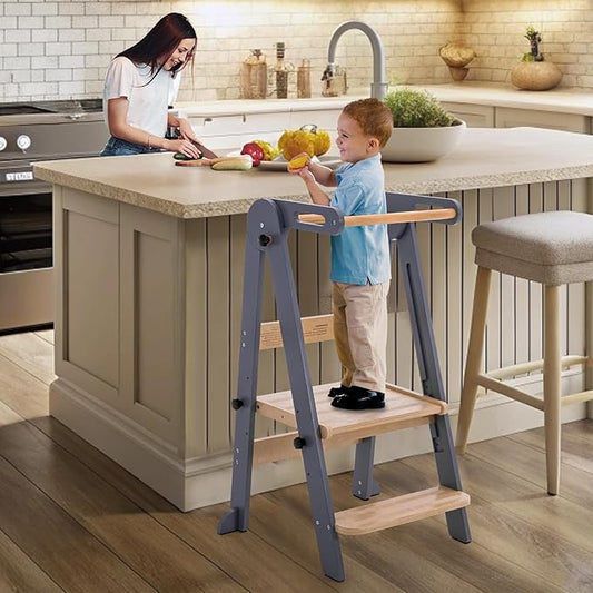 Gewitt Foldable Toddler Kitchen Stool Helper - Adjustable Height Folding Toddler Standing Tower, Kids Helper Stool with Safty Rail for Kitchen Counter Bathroom (Grey)