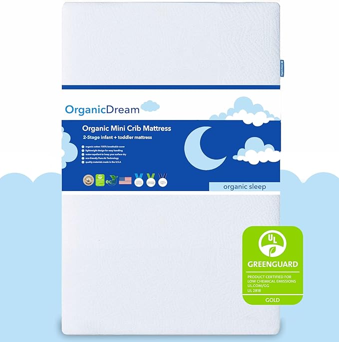 ORGANICDREAM 5" Mini Crib Mattress - 100% Breathable Proven to Reduce Suffocation Risk - GREENGUARD I 2-Stage I Washable I Extra Firm Infant Side and Plush Toddler (38x24x5) - Deluxe 5" Thick