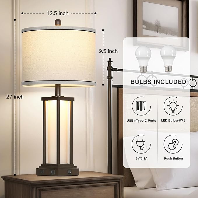 Cinkeda 27" Tall Vintage Table Lamps with USB C+A & Outlet,Brown End Table Lamp Set of 2 for Living Room,Rustic Bedside Lamps with Frosted Glass Night Light for Bedroom Nightstand,Oil-Rubbed Bronze