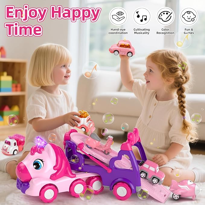Girls Toys for 2 3 Year Old, Toddler Girl Toys Age 2-4, 7-in-1 Carrier Truck with Light & Music, Truck Toys for 1 2 3 Year Old Girl Birthday