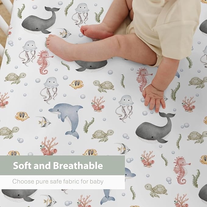 Watercolor Sea Animals Baby Crib Sheets for Boy Girl 28"x52" Whale Dolphin Turtle Jellyfish Coral Soft Snug Fitted Crib Mattress Cover Ocean Marine Baby Sheet for Standard Crib & Toddler Bed Mattress