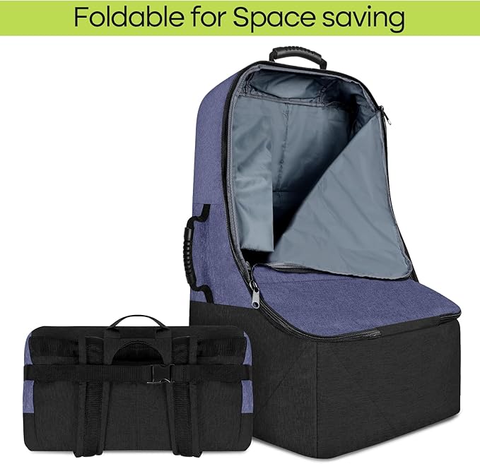ZRRAJOY Padded Car Seat Travel Bag for Airplane, Heavy Duty Backpack for Air Travel, Water-Resistant Carrier with Shoulder Strap, Fits Most Car Seats (Blue+Black)