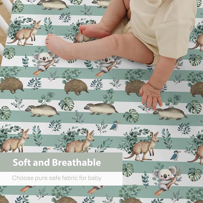 Australian Animals Tropical Leaves Baby Crib Sheets for Boy Girl 28"x52" Koala Green Stripes Soft Stretchy Fitted Crib Mattress Cover Native Australia Baby Sheet for Standard Crib & Toddler Mattress