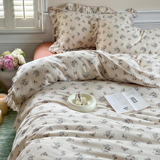 BuLuTu Chic Shabby Vintage Floral Duvet Cover Twin for Kids Girls Boys 100% Cotton Muslin Ruffled Quilt Cover Twin Comforter, 68"x86", Soft Breathable, Zipper Closure, No Pillowcase