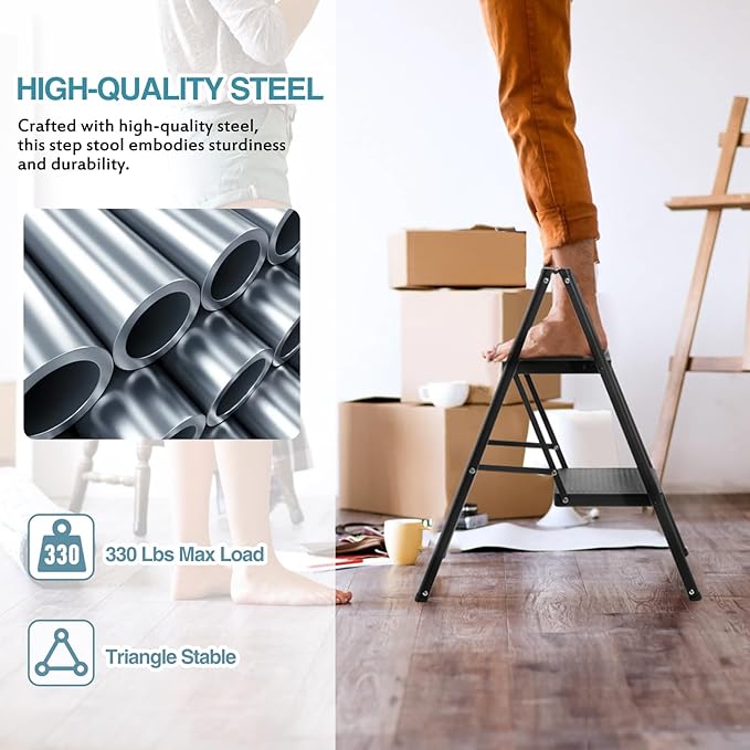 BOCOM 2 Step Ladder, Lightweight Portable Foldable Collapsible Folding Sturdy Iron Metal Step Stool with Anti-Slip Wide Pedal, Heavy Duty 330 lbs Capacity, for Home, Kitchen, Closet, Adults, Black