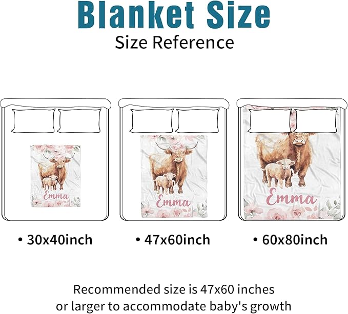Custom Name Crib Bedding Set 3-Piece – Pink Highland Cow Design Baby Bedding Set with Personalized Soft Blanket, Fitted Sheet, Changing Pad Cover – Ideal Newborn Gift for Boys and Girls