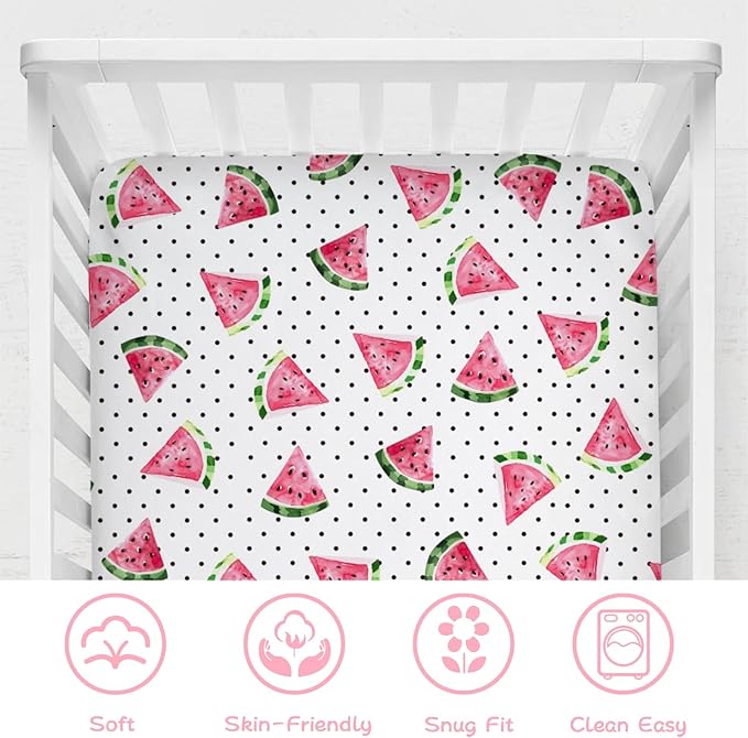 Watercolor Watermelon Dots Baby Crib Sheets 52''x28'' Watermelon Fruits Snug Fitted Crib Mattress Covers for Boy Girl Boho Summer Fruits Soft Baby Bed Sheet for Standard Crib Toddler Mattress