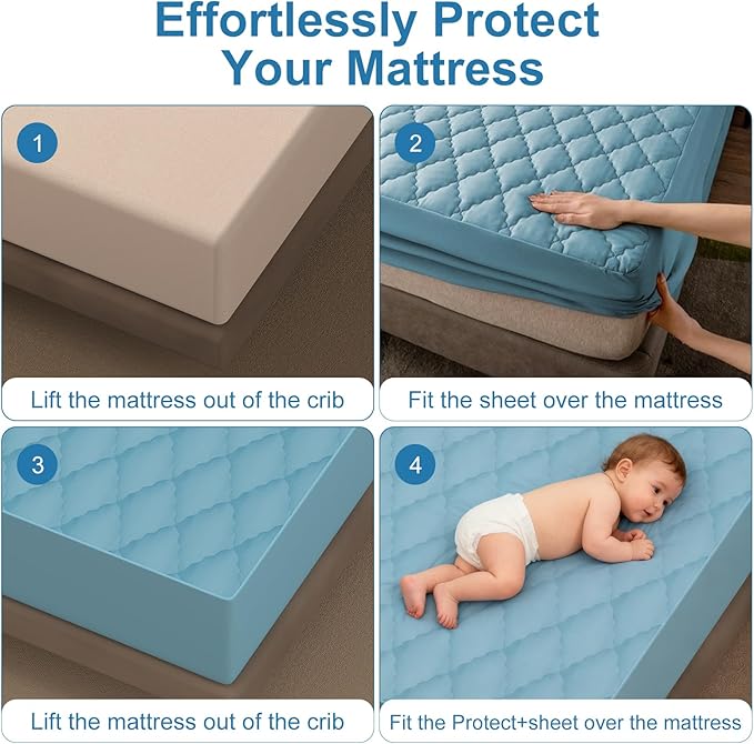 2Pack Waterproof Crib Sheets for Boy, Girl - Cotton 52X28 Fitted Crib Sheets Crib Mattress Protector Sheets,Soft Toddler Bed Sheets,Washable Infant Fitted Baby Bed Sheets (Blue, 52X28inch)