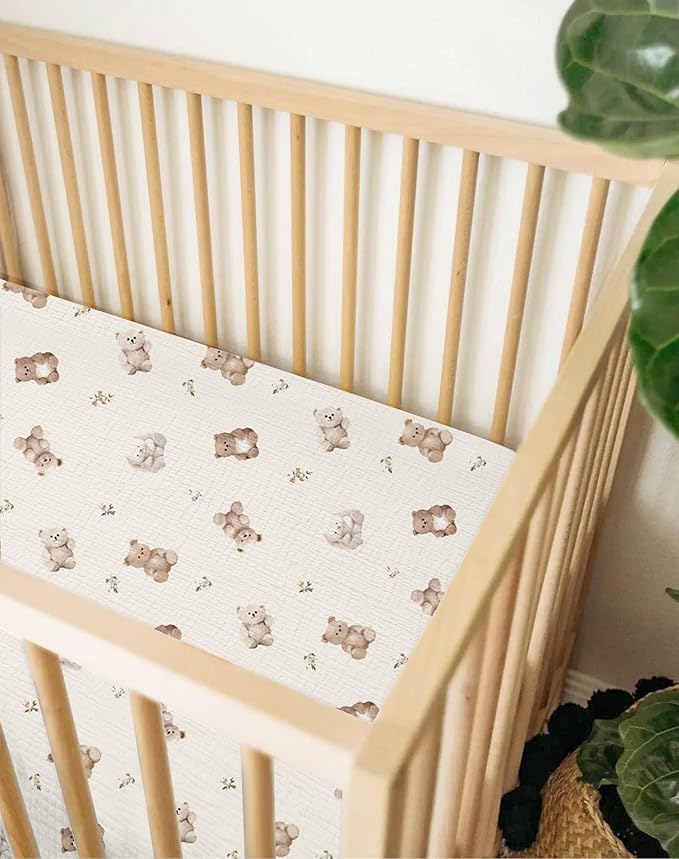 Pack and Play Sheets for Baby Boy and Girl 2 Pack, Neutral Muslin Cotton Pack N Play Mattresses Sheet 27"x39", Muslin Nursery Bedding Soft and Breathable Comfort (Teddy & Friends)