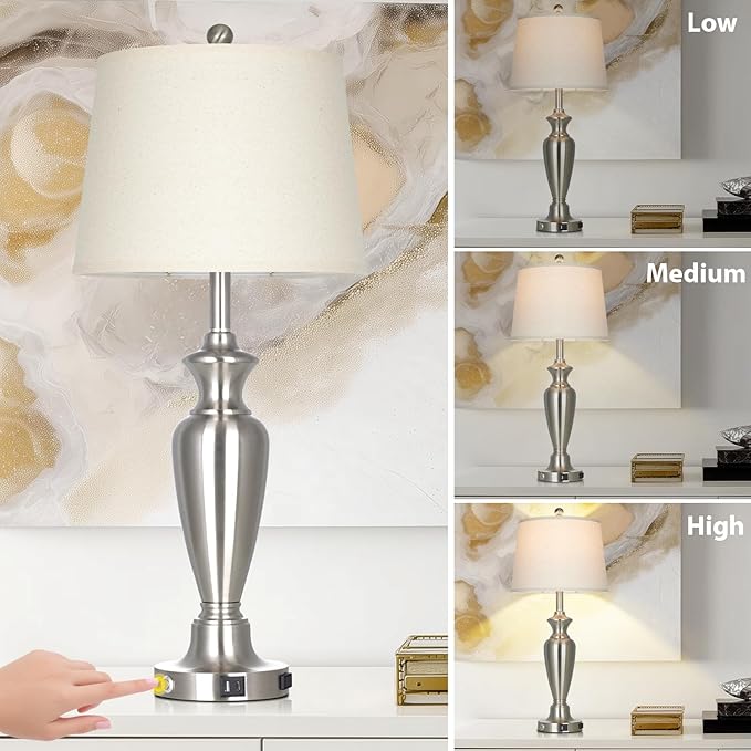 luxeflow Silver Table Lamp for Living Room Single, 30″ Tall Touch Control Bedside Lamp for Nightstand, 3-Way Dimmable Bedroom Lamp with USB A+C Ports and AC Outlet (1 Pack)