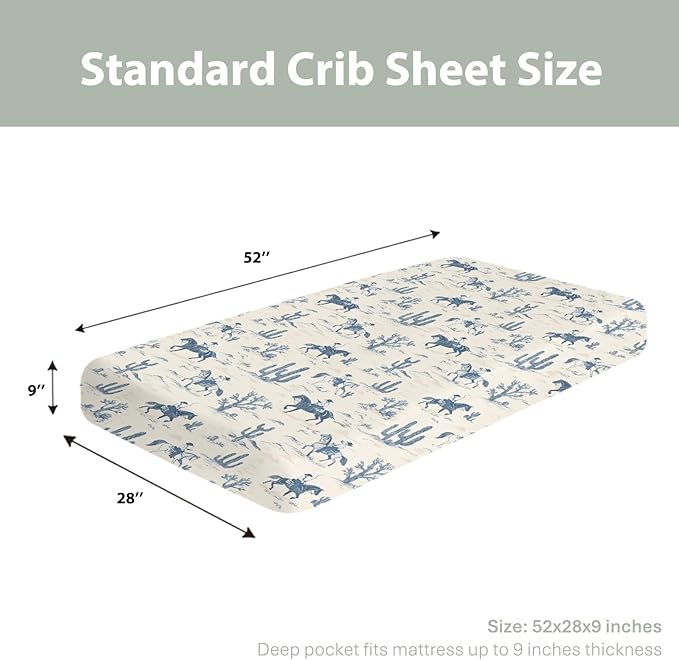 Vintage Western Cowboy Baby Crib Sheets, Standard Size (28x52 inches), Polyester, Brown, Beige, Tan, Cartoon Pattern, 9 Inch Deep Pocket, 300 Thread Count, Machine Washable
