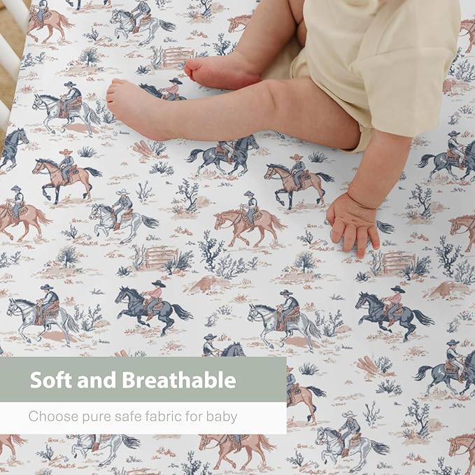 Western Cowboy Baby Crib Sheets for Boy Girl 28"x52" Cowboy Horse Soft Stretchy Fitted Crib Mattress Cover Wild West Desert Baby Sheet Fits Crib and Toddler Bed Mattresses
