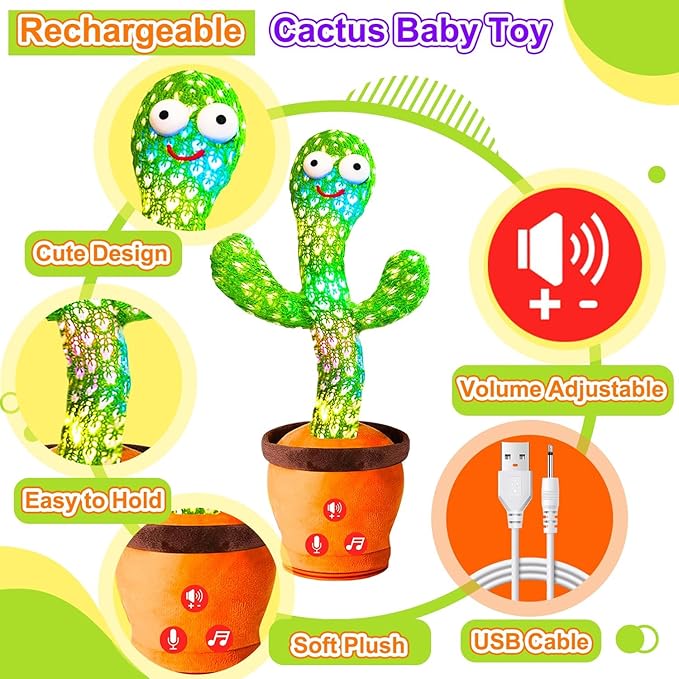 Rechargeable Baby Toys Dancing Talking Cactus Toy for Baby, Volume Adjustable, Singing, Mimicking, Repeating, Baby Infant Toys for Girls Boys, Birthday/Chirstmas Gifts for 1 Year Old