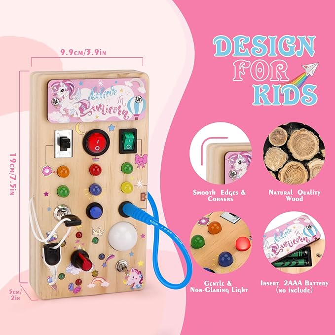 Hoarosall Unicorn Wooden Busy Board Sensory Toys with 8 LED Light switches,Christmas Travel Toys Montessori Toys for 1 Year Old Babies Toodler