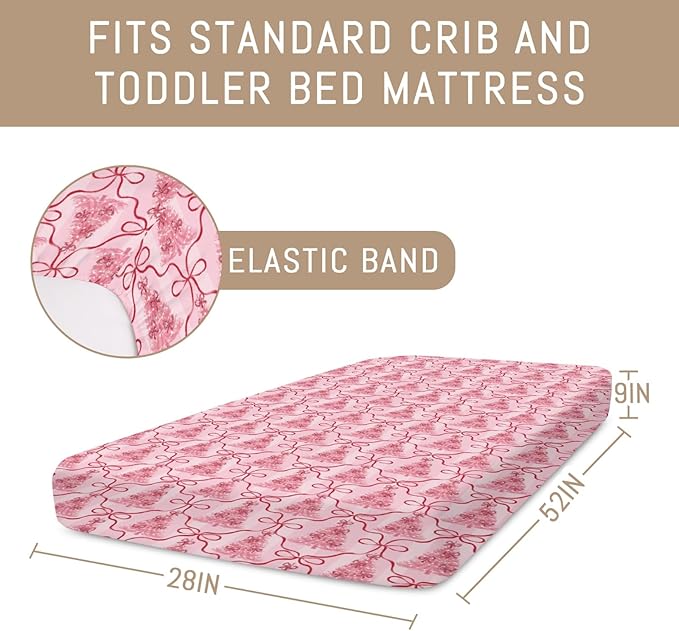 Preppy Pink Trees Bows Christmas Baby Crib Sheets for Girls Pink Christmas Trees Ribbon Soft Snug Fitted Crib Mattress Covers for 52''x28'' Standard Crib & Toddler Mattress Holiday Winter Baby Sheets