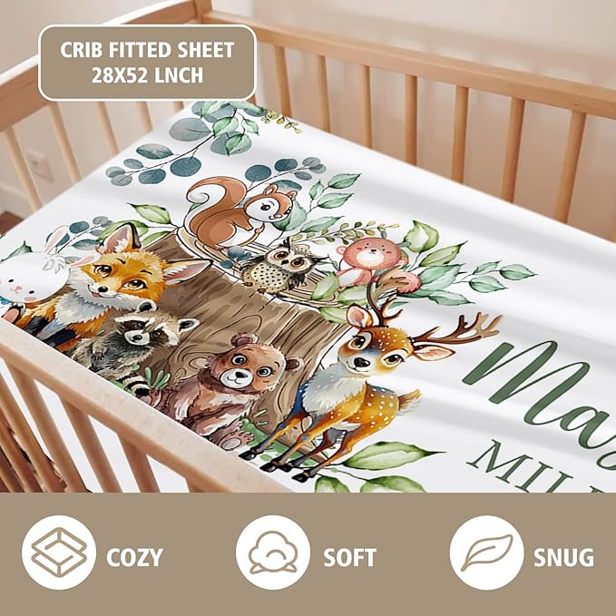 Custom Name Crib Bedding Set 3-Piece – Animal Stump Design Baby Bedding Set with Personalized Soft Blanket, Fitted Sheet, Changing Pad Cover – Ideal Newborn Gift for Boys and Girls